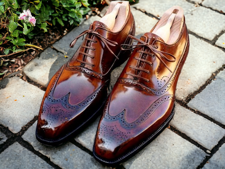 Elegant Men's handmade Wing Tip Brogue Brown Leather Shoes, custom made dress men shoes - theleathersouq