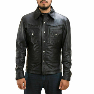 New Men's Genuine Lambskin Leather Biker Jacket, Black Leather button shirt Jacket - theleathersouq