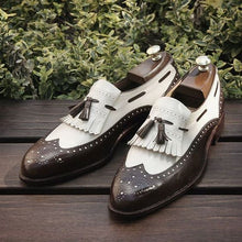 Load image into Gallery viewer, Stylish Men&#39;s Handmade Dark Brown &amp; White Leather Fringed Tassel Loafer Shoes - theleathersouq