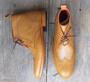 Handmade Men's Wing Tip Brogue Leather Chukka boots, Tan leather Lace Up boots - theleathersouq