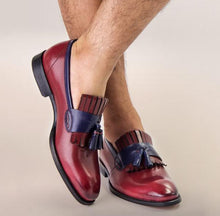 Load image into Gallery viewer, Handmade Burgundy &amp; Blue Leather Loafers, Men&#39;s Moccasin Tussles Fringe Shoes - theleathersouq