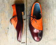 Load image into Gallery viewer, Handmade Men’s Burgundy &amp; Tan Dress Shoes, Men Leather &amp; Suede Lace Up Shoes - theleathersouq