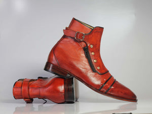 Handmade Men’s Brown Ankle High Boots, Men Cap Toe Buckle & Zipper Leather Boots - theleathersouq