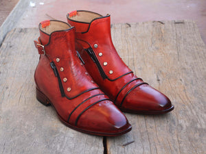 Handmade Men’s Brown Ankle High Boots, Men Cap Toe Buckle & Zipper Leather Boots - theleathersouq
