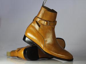 Handmade Men's Ankle High Tan Leather Boots, Men Designer Jodhpurs Boots - theleathersouq