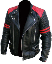 Load image into Gallery viewer, Brando Men&#39;s Black &amp; Red Padded Power Shoulders Biker Genuine Leather Jacket - theleathersouq