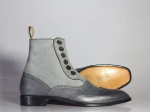 New Designer Handmade Men's Gray Wing Tip Ankle Boots, Men Leather Suede Button Boots - theleathersouq