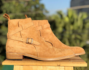 Handmade Men's Tan Jodhpur Suede Buckle Strap Boots, Men Ankle Boots, Men Designer Boots - theleathersouq