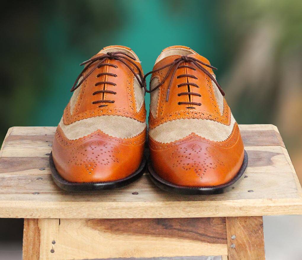 Handmade Mens Tan brown wingtip Leather Dress shoes, Men brogue formal shoes