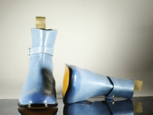 Handmade Men's Light Blue Jodhpur Leather Buckle Strap Boots, Men Ankle Boots, Men Designer Boots - theleathersouq