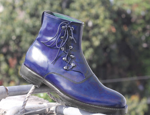 Handmade Men's Blue Leather Side Lace Up Boots, Men Ankle Boots, Men Fashion Boots
