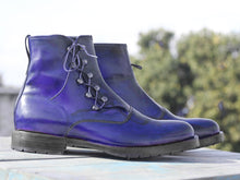 Load image into Gallery viewer, Handmade Men&#39;s Blue Leather Side Lace Up Boots, Men Ankle Boots, Men Fashion Boots