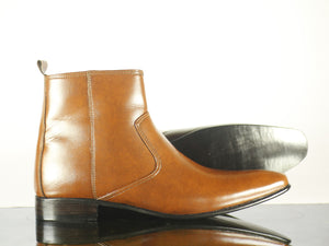 Handmade Men's Tan Leather Side Zipper Boots, Men Ankle Boots, Men Fashion Boots