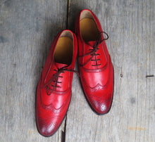 Load image into Gallery viewer, Stylish Handmade Men&#39;s Red Leather Wing Tip Brogue Lace Up Shoes, Men Dress Formal Shoes