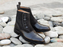 Load image into Gallery viewer, Awesome Handmade Men&#39;s Black Leather Suede Cap Toe Button Boots, Men Ankle Fashion Boots