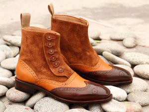 Stylish Handmade Men's Multi Shade Brown Leather Suede Wing Tip Brogue Button Boots, Men Ankle Boots, Men Fashion Boots