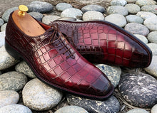 Load image into Gallery viewer, Awesome Handmade Men&#39;s Burgundy Alligator Textured Leather Lace Up Shoes, Men Dress Formal Shoes