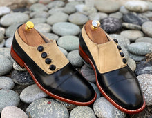 Load image into Gallery viewer, Elegant Handmade Men&#39;s Black Beige Leather Suede Cap Toe Button Shoes, Men Dress Formal Shoes
