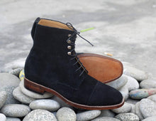 Load image into Gallery viewer, Awesome Handmade Men&#39;s Black Suede Cap Toe Lace Up Boots, Men Fashion Ankle Boots