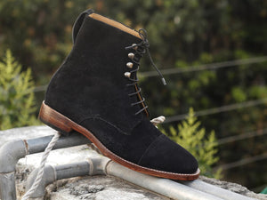 Awesome Handmade Men's Black Suede Cap Toe Lace Up Boots, Men Fashion Ankle Boots