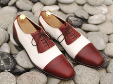 Load image into Gallery viewer, Elegant Handmade Men&#39;s Burgundy White Leather Cap Toe Lace Up Shoes, Men Dress Formal Luxury Shoes