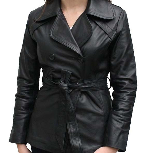 Stylish Women's Black Color Leather Coat/ Jacket, Black Leather Belt Coat For Ladies - theleathersouq