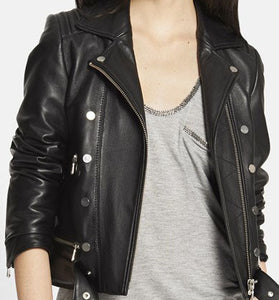 Stylish Women's Black Biker Leather Jacket, women black leather jacket - theleathersouq