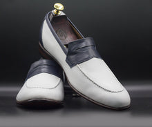 Load image into Gallery viewer, Elegant Handmade Men&#39;s Black &amp; White Leather Round Toe Loafers, Men Dress Formal Party Loafers