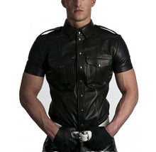 Load image into Gallery viewer, New Men&#39;s Real genuine Leather Police Uniform Shirt Sexy Short Sleeve Leather Shirt - theleathersouq