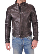 Load image into Gallery viewer, Men’s Genuine Lambskin Leather Chocolate Brown Bomber Slim Fit Biker Leather Jacket - theleathersouq