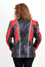 Load image into Gallery viewer, Designer Ladies Handmade Leather Red &amp; Black Studded Jacket, Womens Biker Punk Jacket