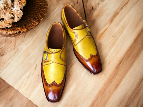 Elegant Design Handmade Men's Brown & Yellow leather Monk dress shoes,New leather shoes - theleathersouq