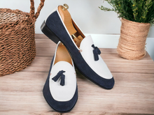 Load image into Gallery viewer, Elegant Blue &amp; White Handmade Tassel Loafers for men, custom dress shoe for men, Men Leather &amp; Corduroy Shoes