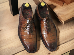 Awesome Handmade Men's Brown Alligator Textured Leather Shoes, Men Dress Formal Lace Up Shoes