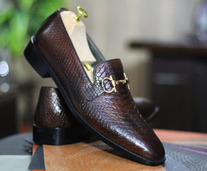 Elegant Handmade Men's Brown Textured Leather Round Toe Loafers, Men Dress Formal Party Loafers
