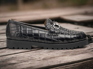 Awesome Designer Men's Handmade Black Alligator Textured Leather Rubber sole Loafers, Men Dress Formal Party Shoes