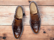 Load image into Gallery viewer, Awesome Handmade Men&#39;s Brown Alligator Textured Leather Shoes, Men Double Monk Dress Formal Shoes