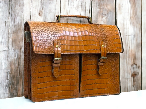 Full Grain Alligator Textured Leather Briefcase, Leather Messenger Travel Satchel Bag, 17