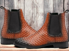 Load image into Gallery viewer, Experience comfort and style with our Awesome Handmade Men&#39;s Brown Woven Leather Chelsea Boots. Made with expert craftsmanship, these boots are both fashionable and durable. The woven leather adds a touch of sophistication, while the ankle height provides versatility for any occasion. Elevate your wardrobe with our men&#39;s fashion dress ankle boots.