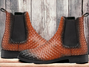 Experience comfort and style with our Awesome Handmade Men's Brown Woven Leather Chelsea Boots. Made with expert craftsmanship, these boots are both fashionable and durable. The woven leather adds a touch of sophistication, while the ankle height provides versatility for any occasion. Elevate your wardrobe with our men's fashion dress ankle boots.