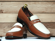 Load image into Gallery viewer, Experience comfort and style with Awesome Men&#39;s Handmade White &amp; Brown Loafer Shoes. Handcrafted with superior materials, these shoes are both elegant and durable. Perfect for any formal setting, these shoes will elevate your outfit and make you stand out. Don&#39;t sacrifice style for comfort, get the best of both worlds with these loafer shoes.