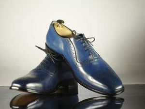 Handmade Men's Blue Color Leather Wing Tip Brogue Lace Up Shoes, Men Designer Dress Formal Luxury Shoes