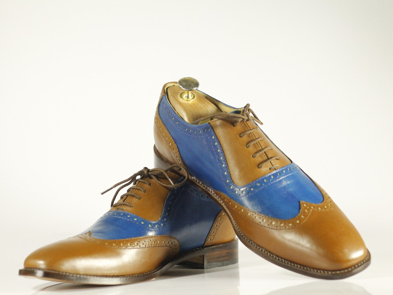 Handmade Men's Brown Blue Wing Tip Leather Lace Up Shoes, Men Designer ...
