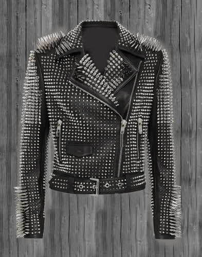 Stylish Lambskin Leather Slim fit Studded Spikes Ladies Jacket, Women Biker Jacket