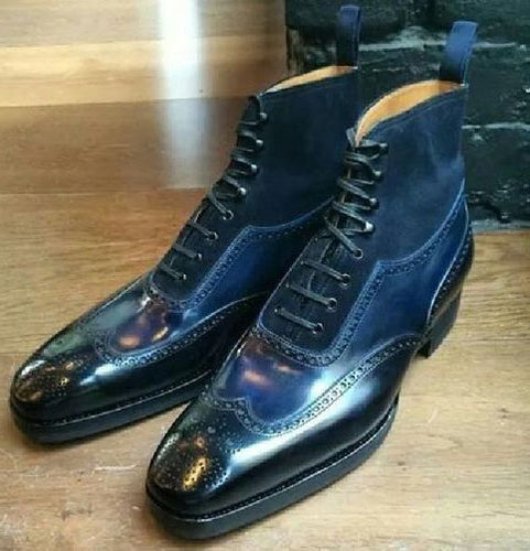 Men's Handmade Blue Wing Tip Brogue Boots, Men Leather Suede Designer Boots - theleathersouq