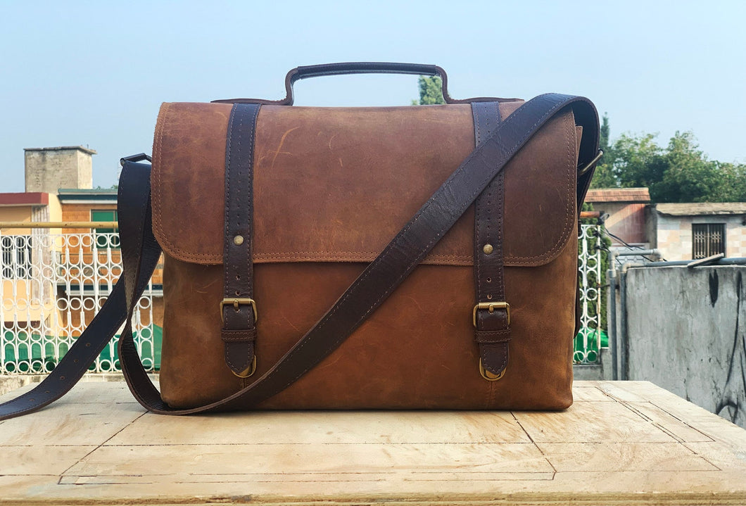 Full Grain Leather Briefcase, Leather Messenger Travel Satchel Bag, 17