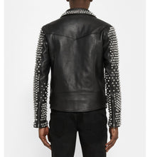 Load image into Gallery viewer, Awesome Men&#39;s Black Studded Biker Leather Punk Jacket, men Fashion Designer Jacket