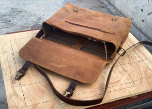 Full Grain Leather Briefcase, Leather Messenger Travel Satchel Bag, 17" Laptop Briefcase
