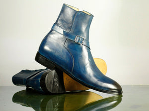 Handmade Men's Blue Leather Jodhpur Boots, Men Ankle Boots, Men Designer Boots - theleathersouq