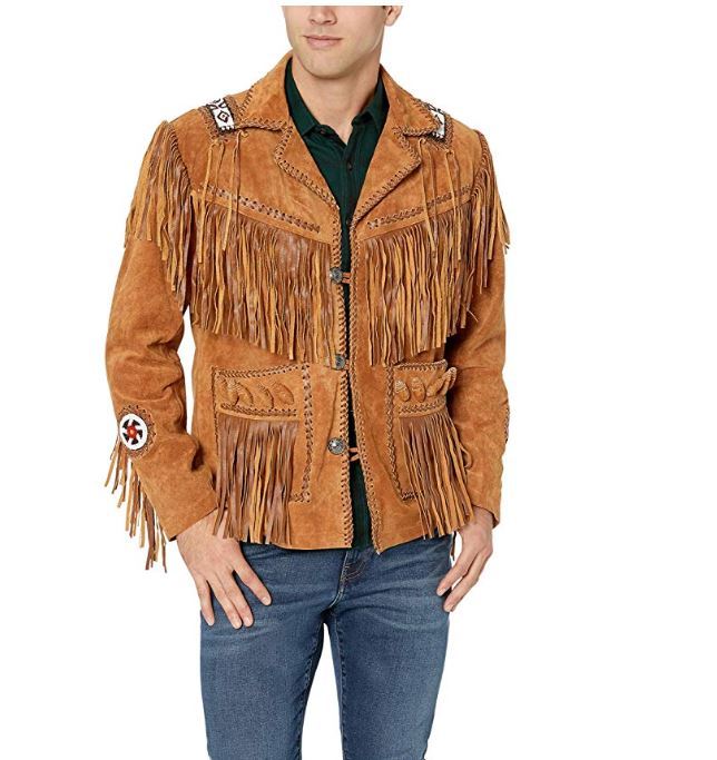 Men's Brown Fringed & Bones Cowboy Style Suede Leather Jacket - theleathersouq
